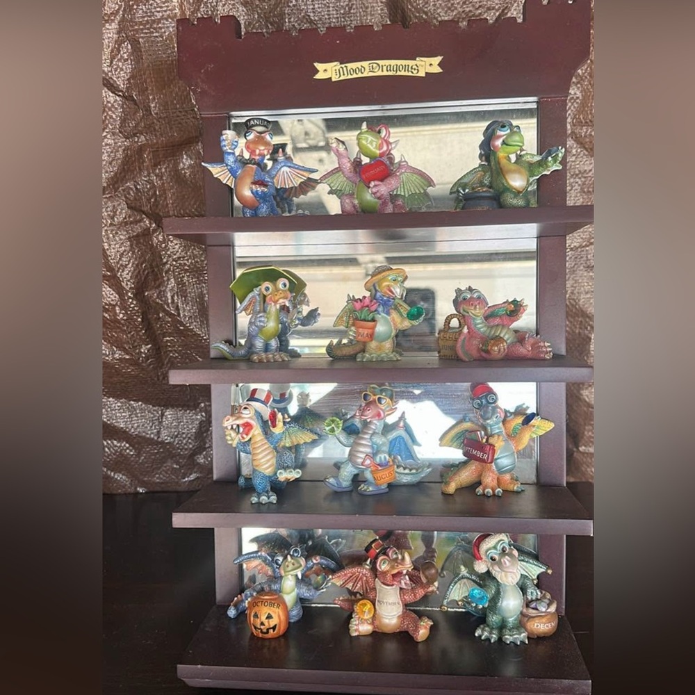 SET 12 FRANKLIN MINT MOOD DRAGONS OF THE MONTH W/ SHELF